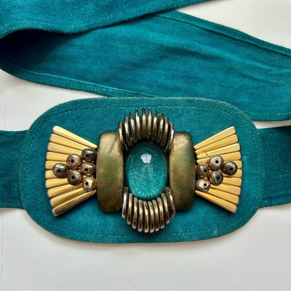 Vintage Laise Adzer Blue Suede Leather Wide Art Deco Belt Boho Chic Statement - Picture 8 of 13